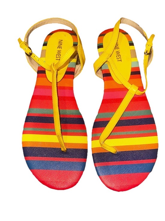 Nine West Shoes - Nine West Yellow T-Strap Sandals with Rainbow Striped Footbed